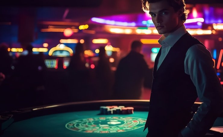 Tampilan meja European Roulette di platform slotjp dengan roda dan area taruhan